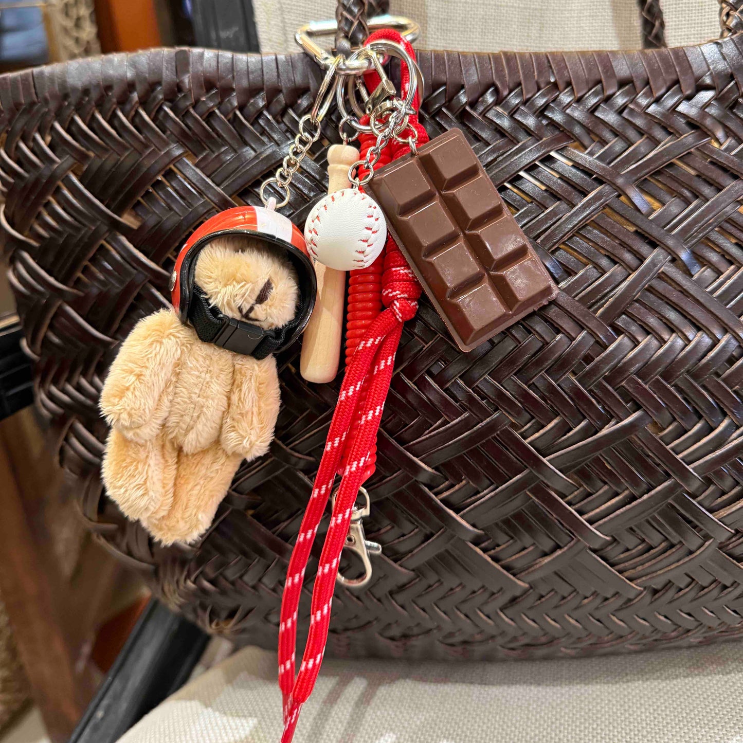 Teddy bear baseball bag charm