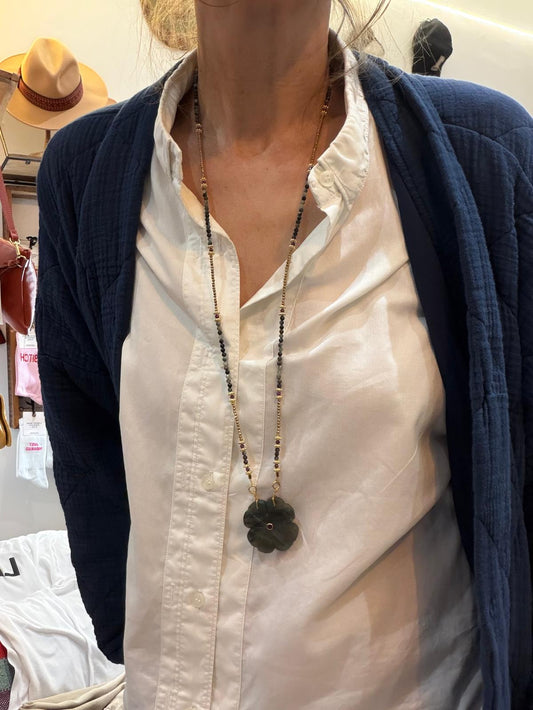 Sautoir Flower XL labradorite, onyx et rubis indien