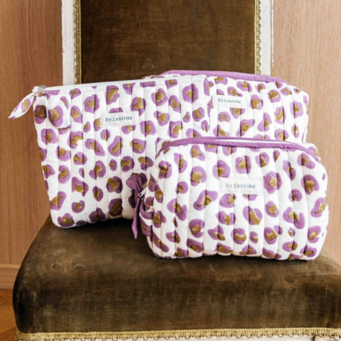 Petite trousse de toilette - LÉOPARD Écru et Violet